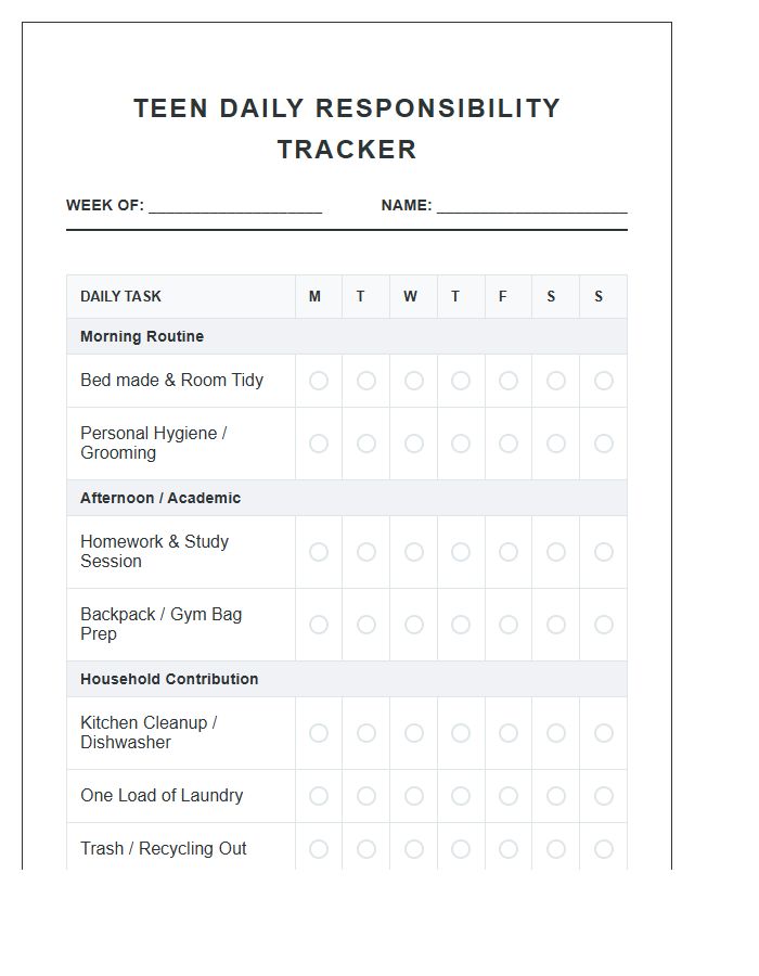 High School Teen Daily Chore Chart Printable