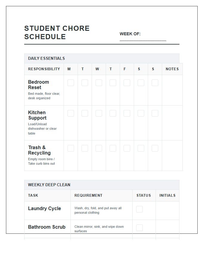 Organized High School Chore Schedule Chart Printable