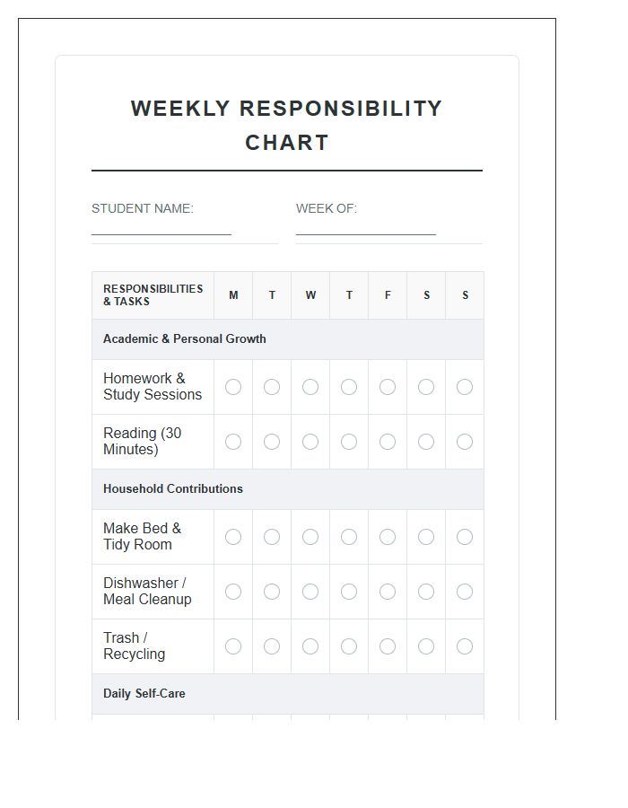 Structured Student Home Responsibility Chart Printable