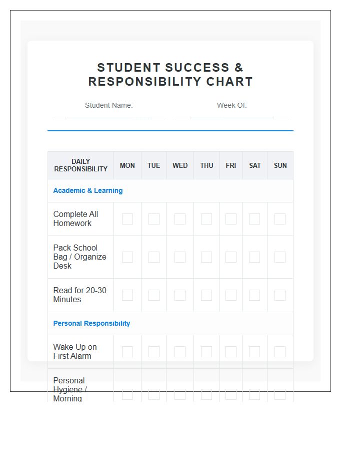 Student Success And Responsibility Chore Chart Printable