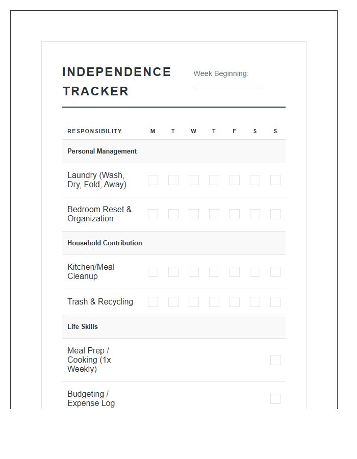 Teen Independence Building Chore Chart Printable