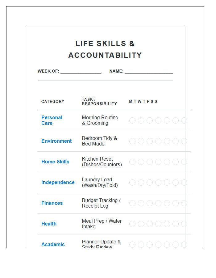 Teen Life Skills Management Chore Chart Printable