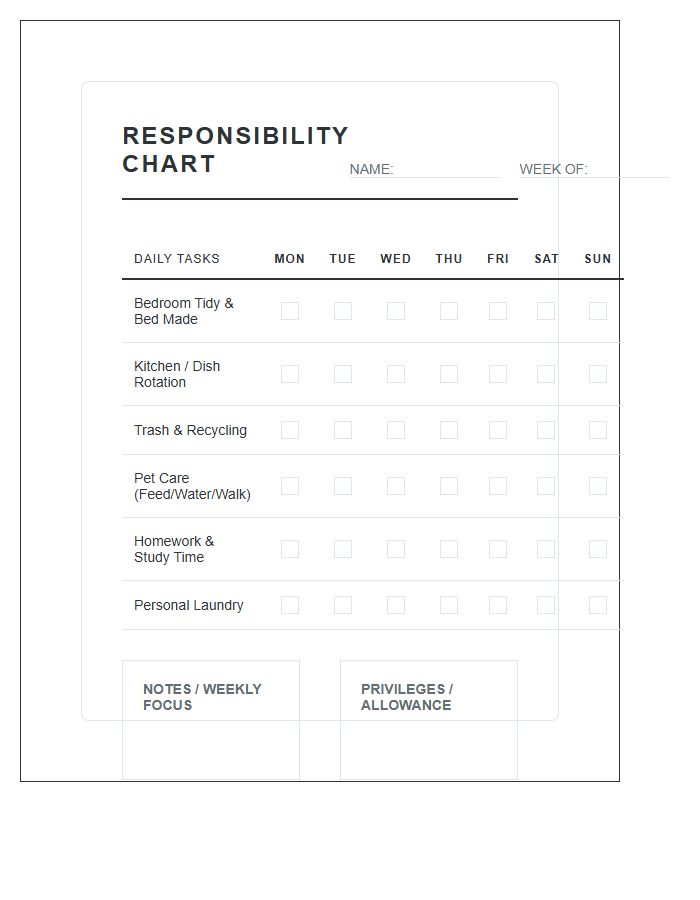 Teenage Weekly Household Responsibility Chart Printable