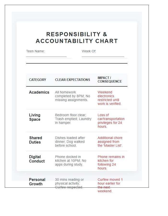 Teenager Responsibility Accountability Chart Printable