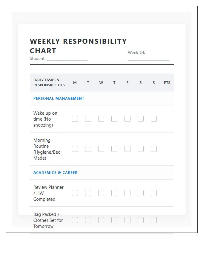 Weekly High School Responsibility Chore Chart Printable