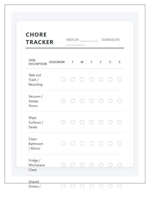 College Dorm Chore Tracker Printable Chart