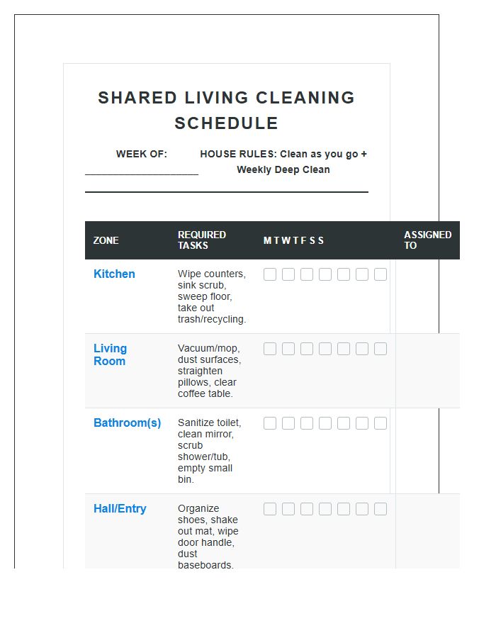 Comprehensive Roommate Cleaning System Printable Chart