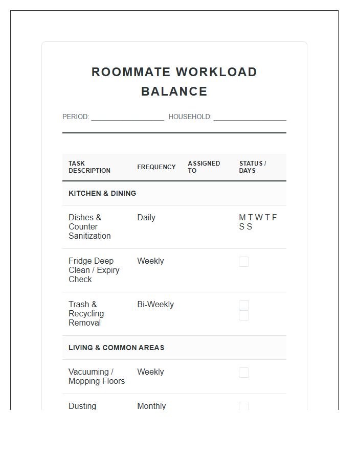 Detailed Roommate Workload Balance Printable Chart