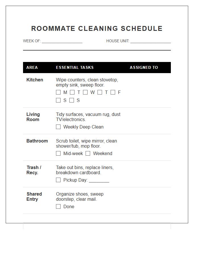 Essential Roommate Cleaning Duties Printable Chart
