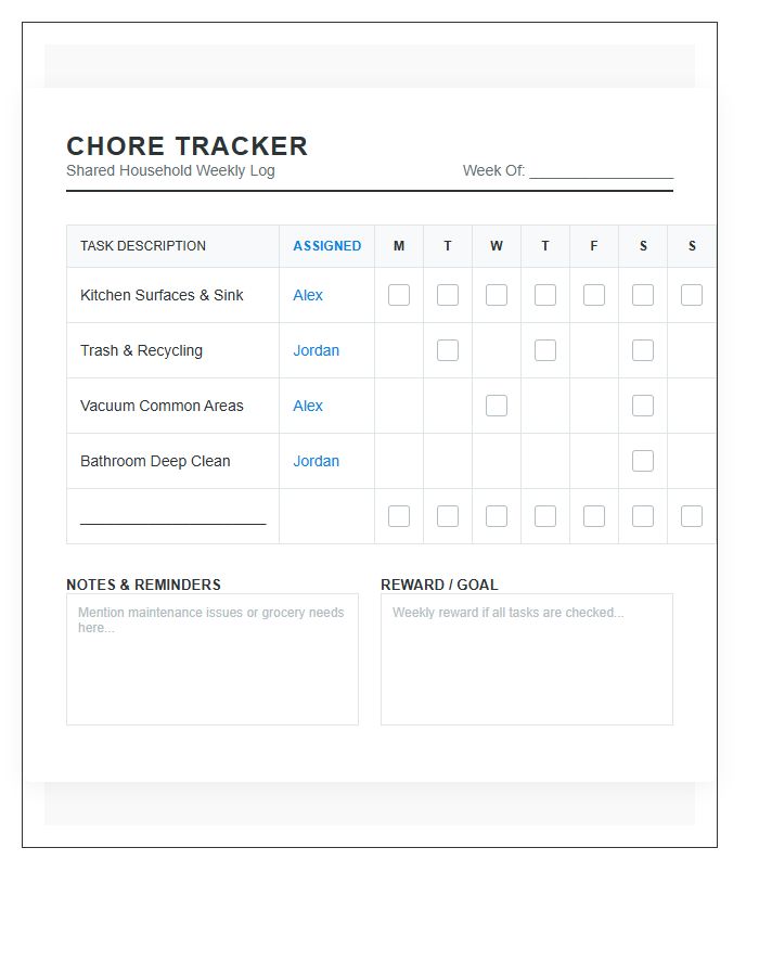 Functional Shared Chore Tracking Printable Chart
