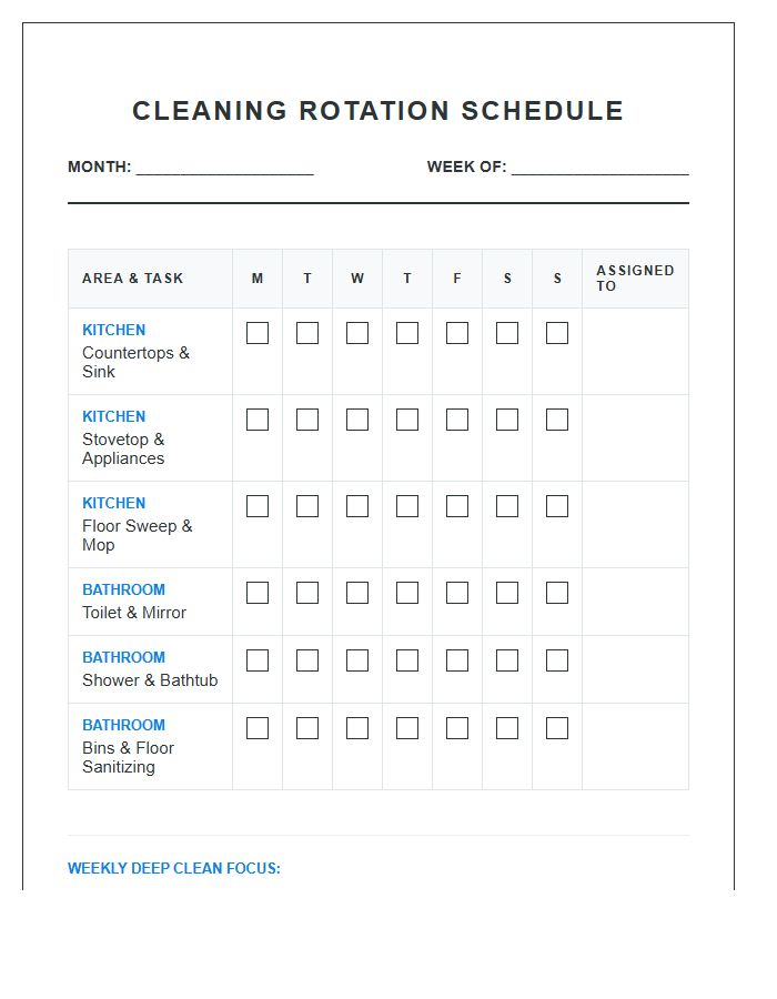 Kitchen And Bathroom Cleaning Rotation Printable Chart