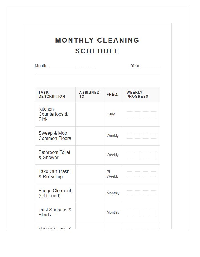 Monthly Roommate Cleaning Task List Printable Chart