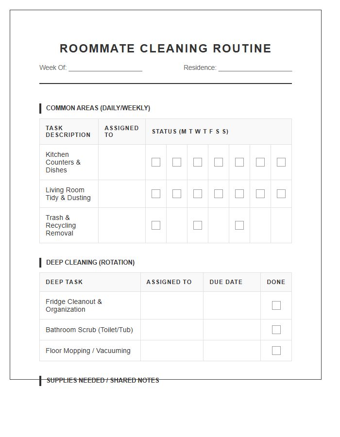 Organized Roommate Cleaning Routine Printable Chart