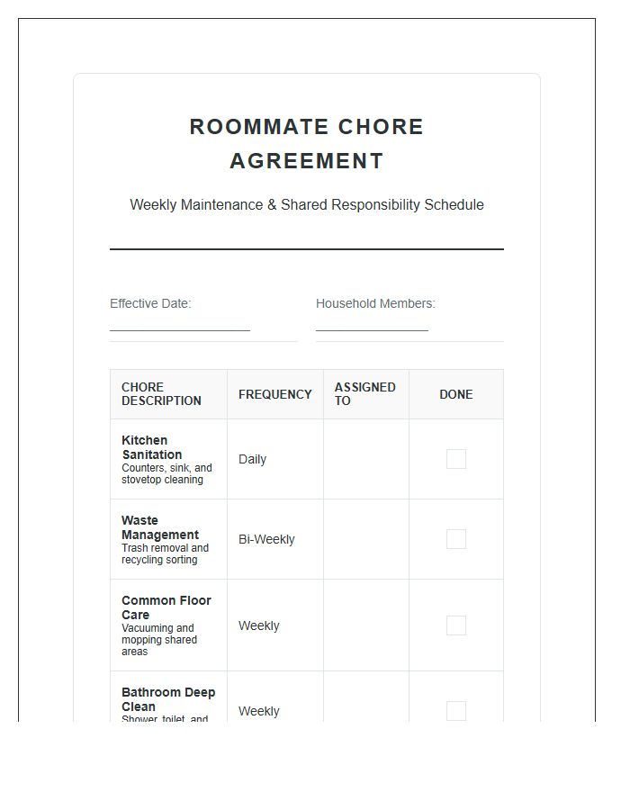 Professional Roommate Chore Agreement Printable Chart