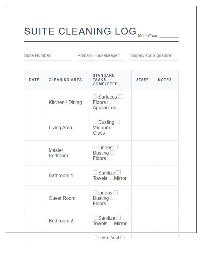 Residential Suite Cleaning Log Printable Chart