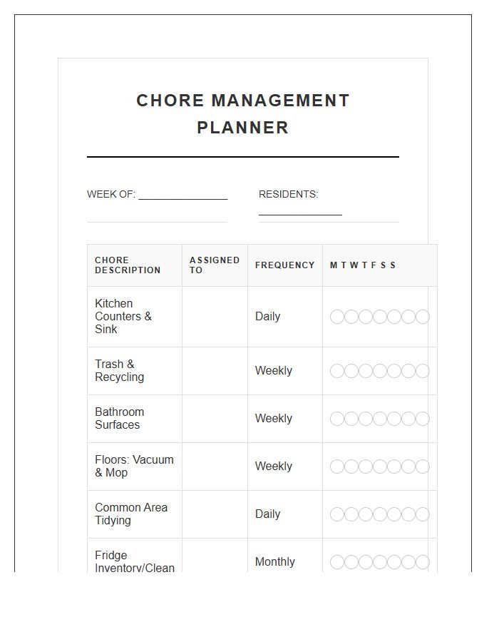 Roommate Chore Management Planner Printable Chart