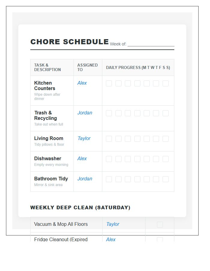 Roommate Household Task Schedule Printable Chart