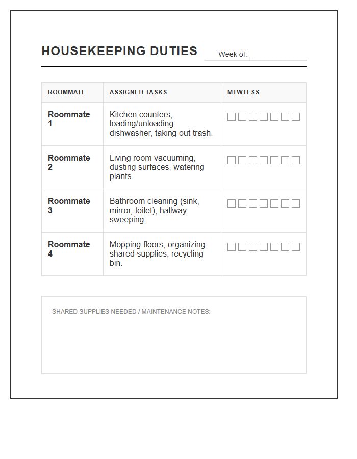 Roommate Housekeeping Duties Organizer Printable Chart