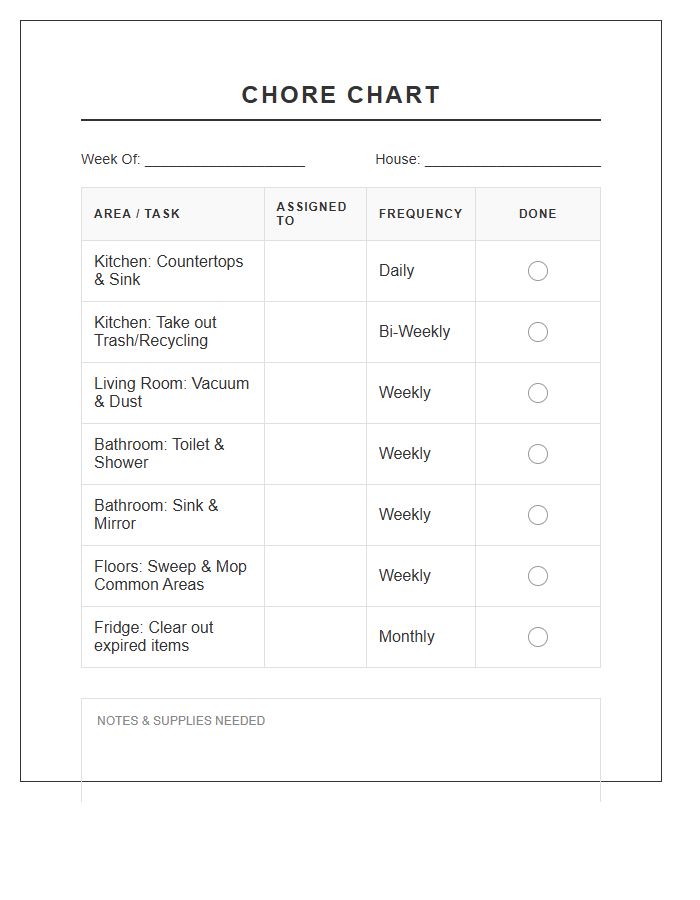 Roommate Shared Cleaning Chore Chart Printable