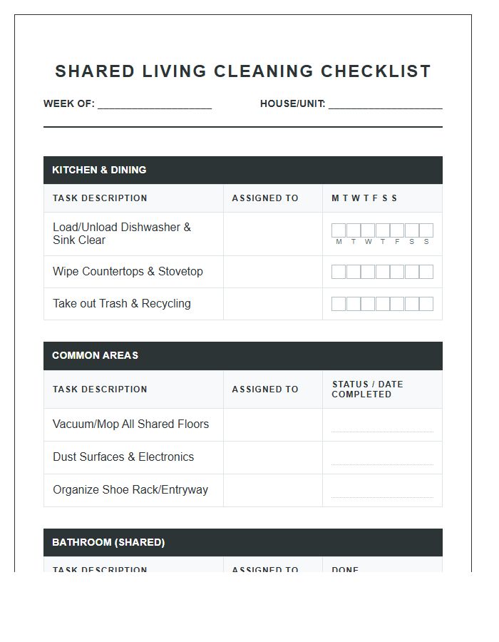 Shared Living Space Cleaning Checklist Printable Chart