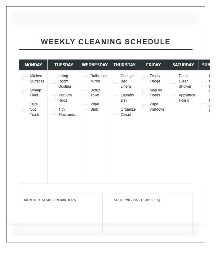 Weekly Apartment Cleaning Schedule Printable Chart
