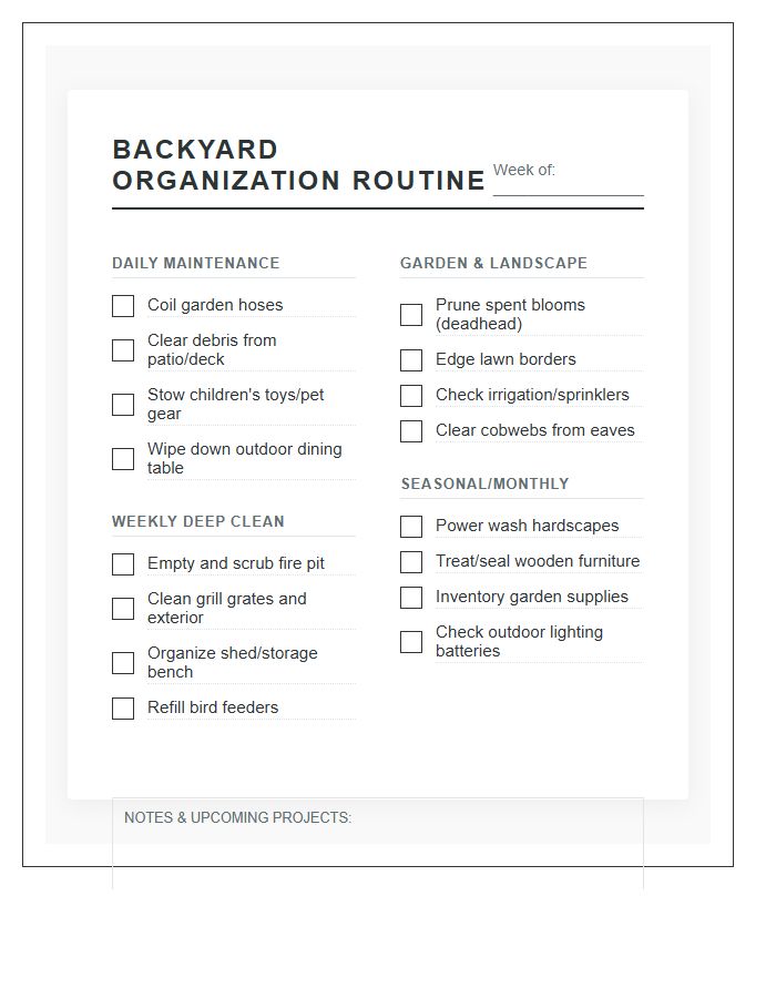 Backyard Organization Routine Printable Chart