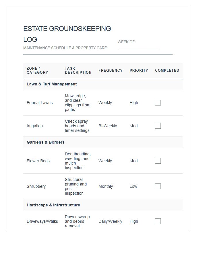 Comprehensive Estate Groundskeeping Printable Chart