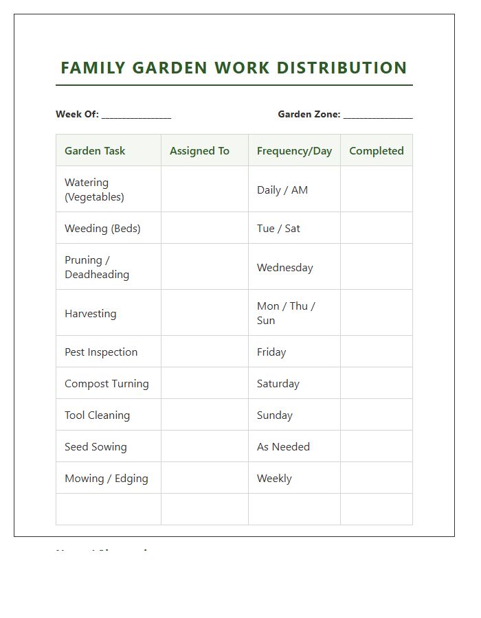 Family Garden Work Distribution Printable Chart