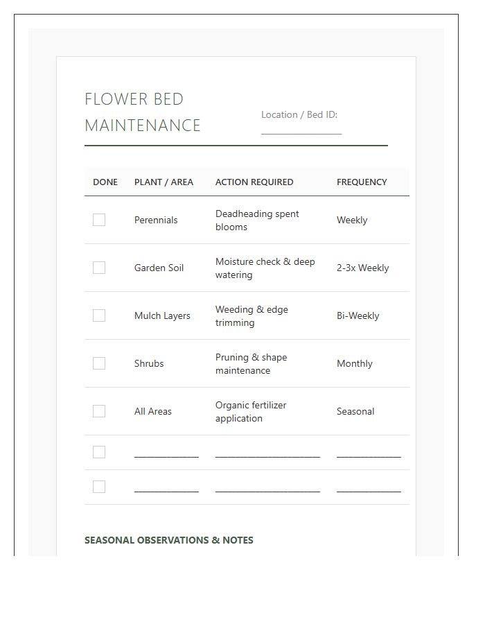 Flower Bed Maintenance Printable Chart