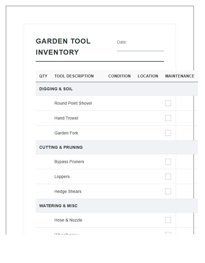 Garden Tool Inventory Printable Chart