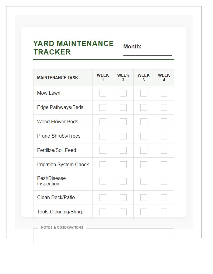 Monthly Yard Maintenance Tracker Printable Chart