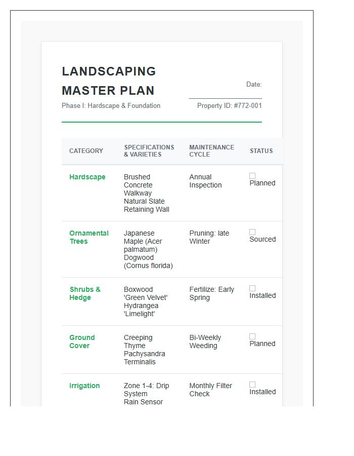Professional Home Landscaping Printable Chart