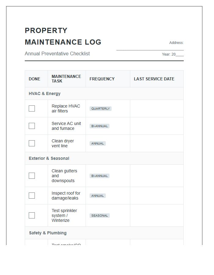 Residential Property Maintenance Printable Chart