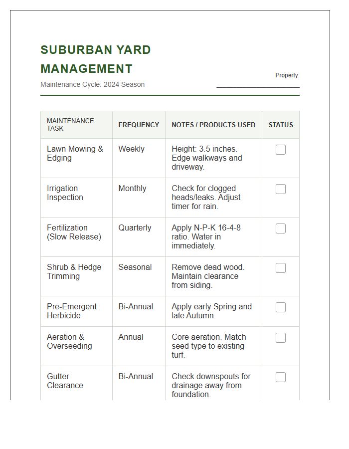 Suburban Yard Management Printable Chart
