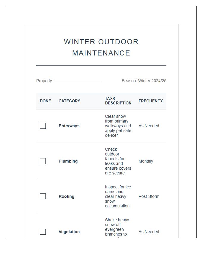 Winter Outdoor Maintenance Printable Chart
