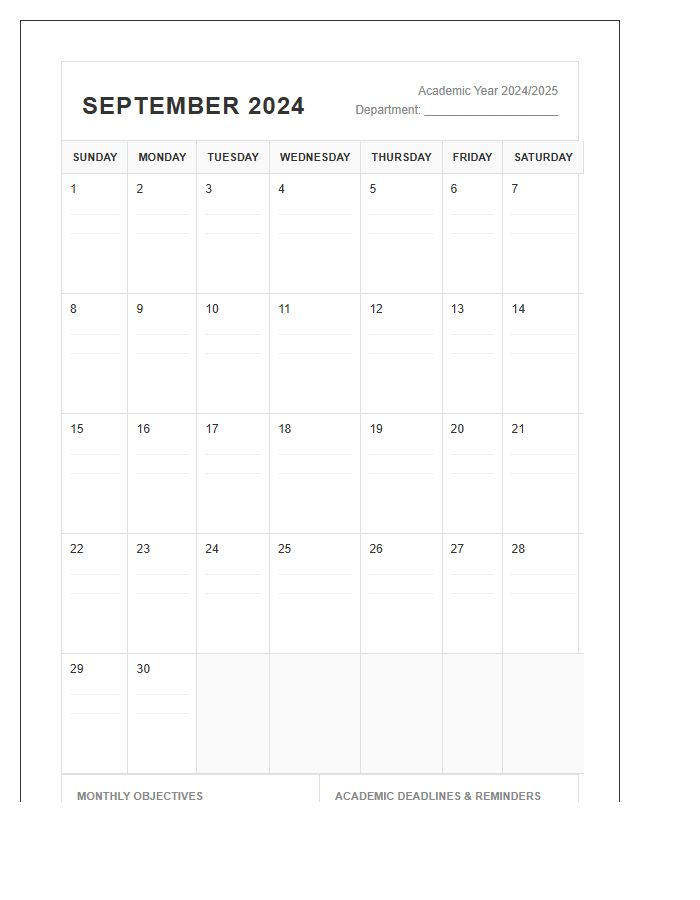 Academic Printable Landscape Monthly Calendar Chart