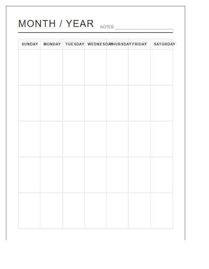 Blank Printable Landscape Monthly Calendar Chart