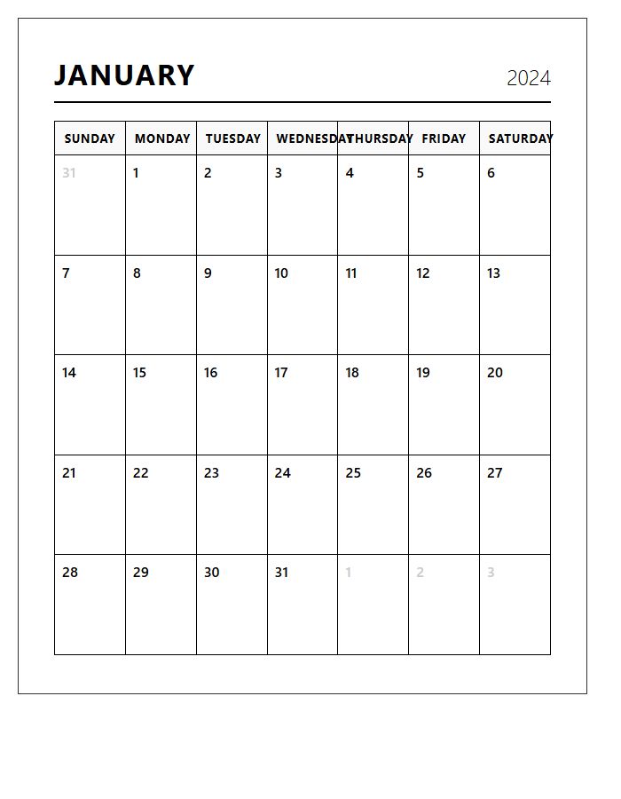 Classic Printable Landscape Monthly Calendar Chart
