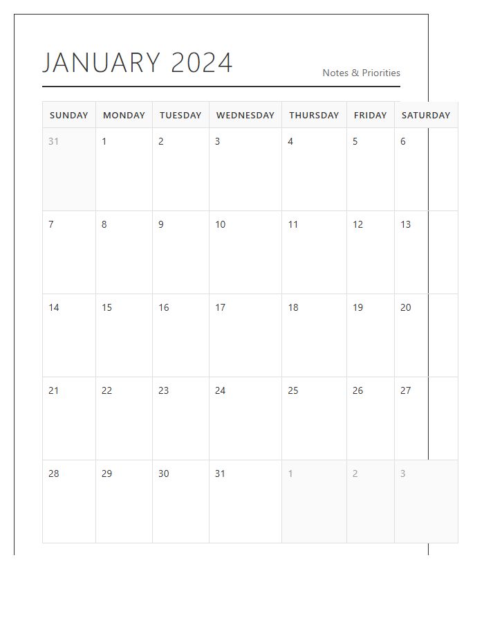 Clean Printable Landscape Monthly Calendar Chart