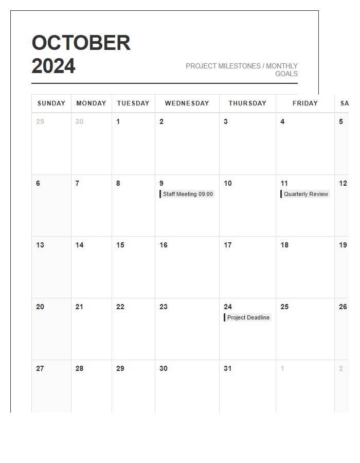Detailed Printable Landscape Monthly Calendar Chart