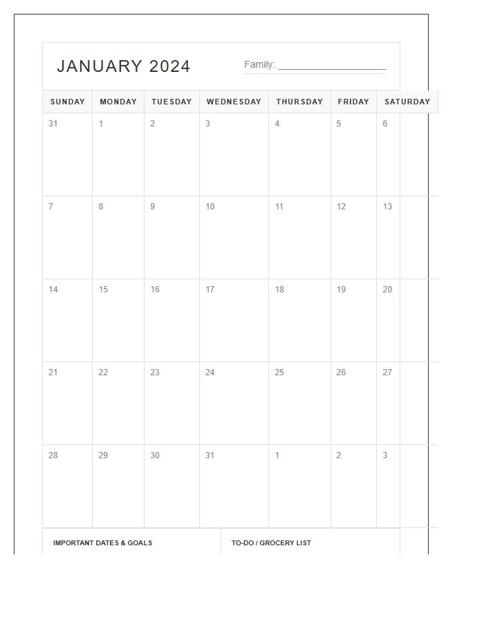 Family Printable Landscape Monthly Calendar Chart
