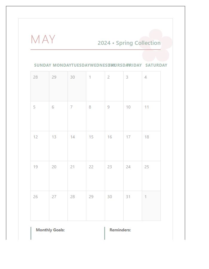 Floral Printable Landscape Monthly Calendar Chart