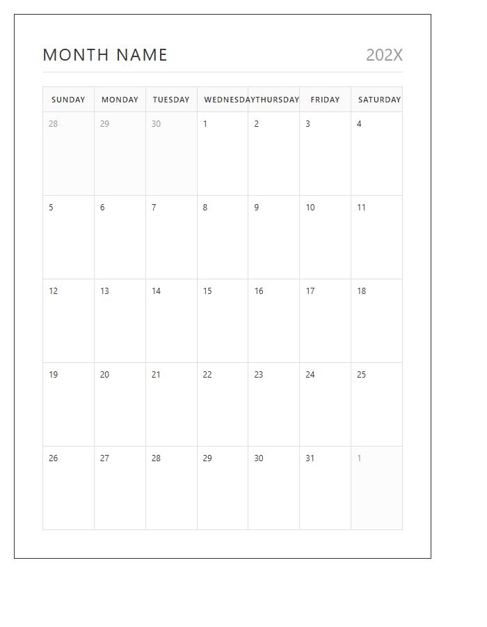 Neutral Printable Landscape Monthly Calendar Chart