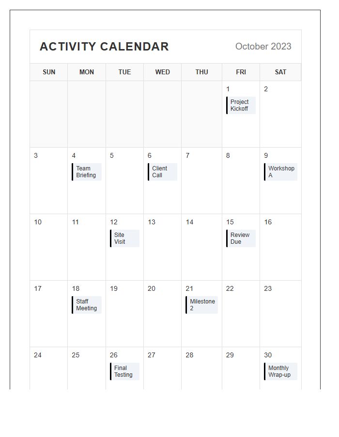 Printable Landscape Monthly Activity Calendar Chart
