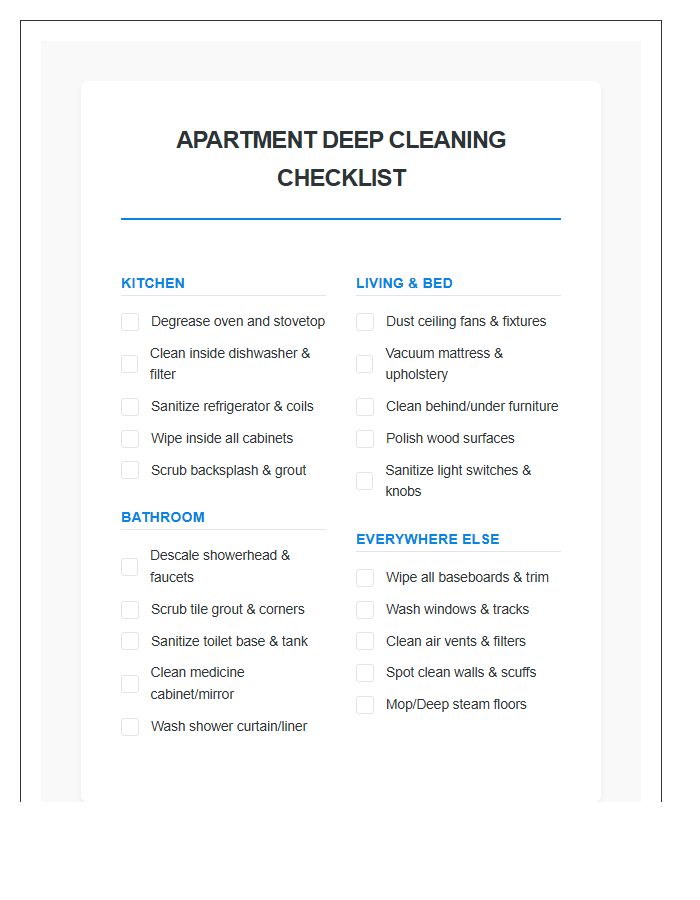 Apartment Deep Cleaning Printable Chart