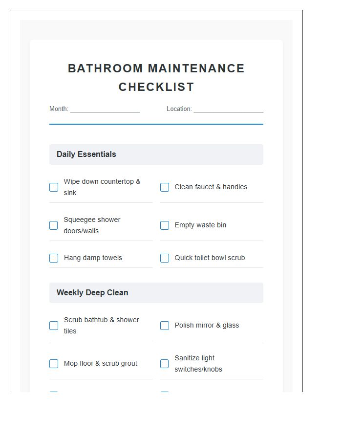 Bathroom Maintenance Checklist Printable Chart