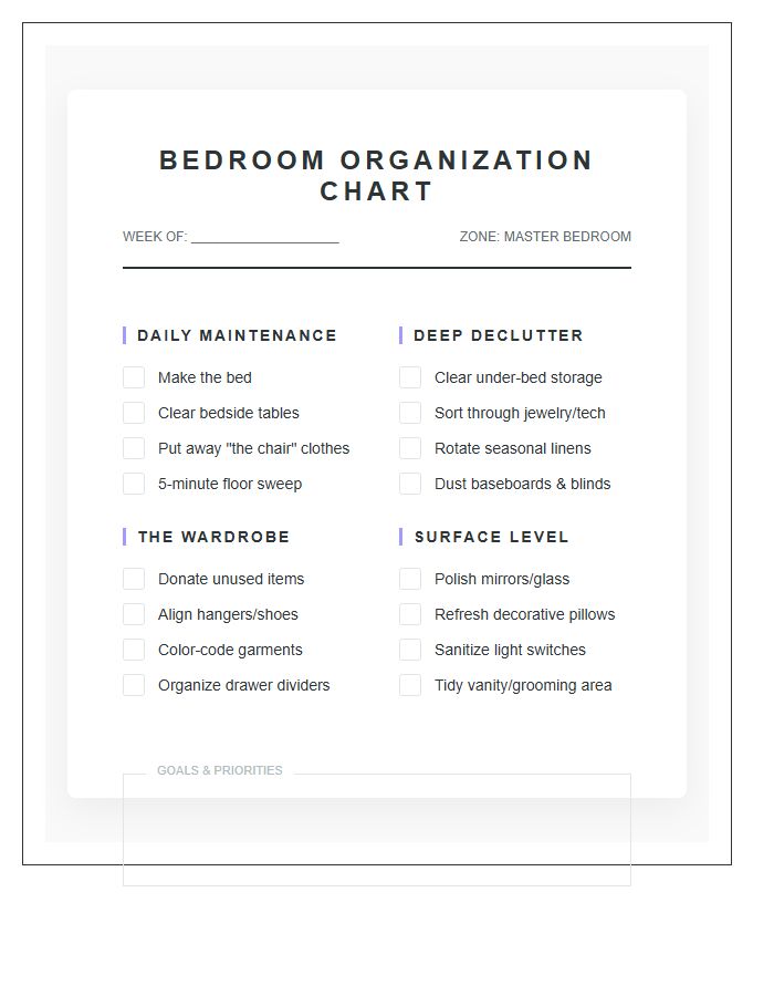 Bedroom Organization Printable Chart