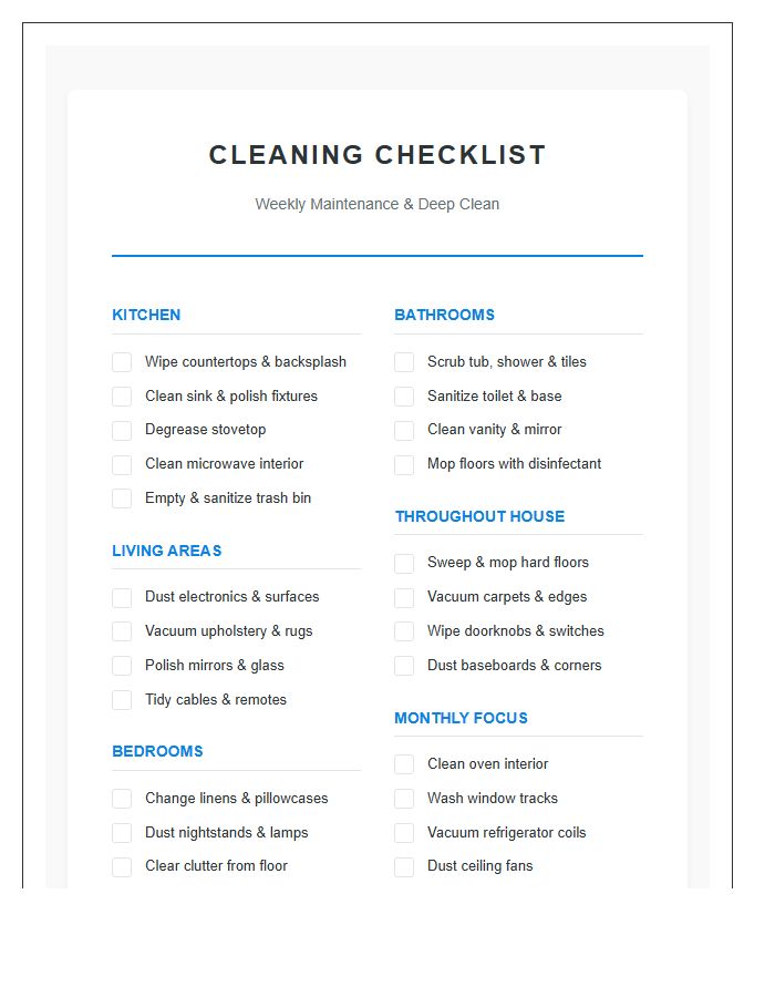 Comprehensive Cleaning Checklist Printable Chart