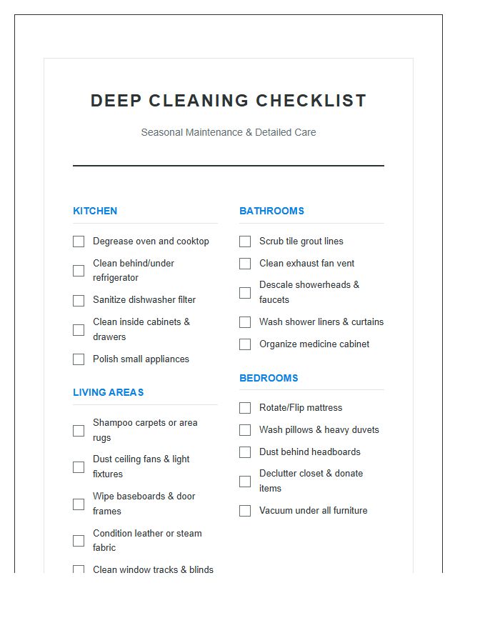 Deep Cleaning Schedule Printable Chart
