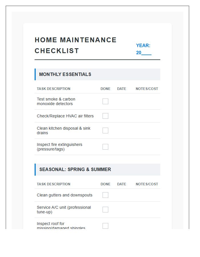 Detailed Home Maintenance Printable Chart
